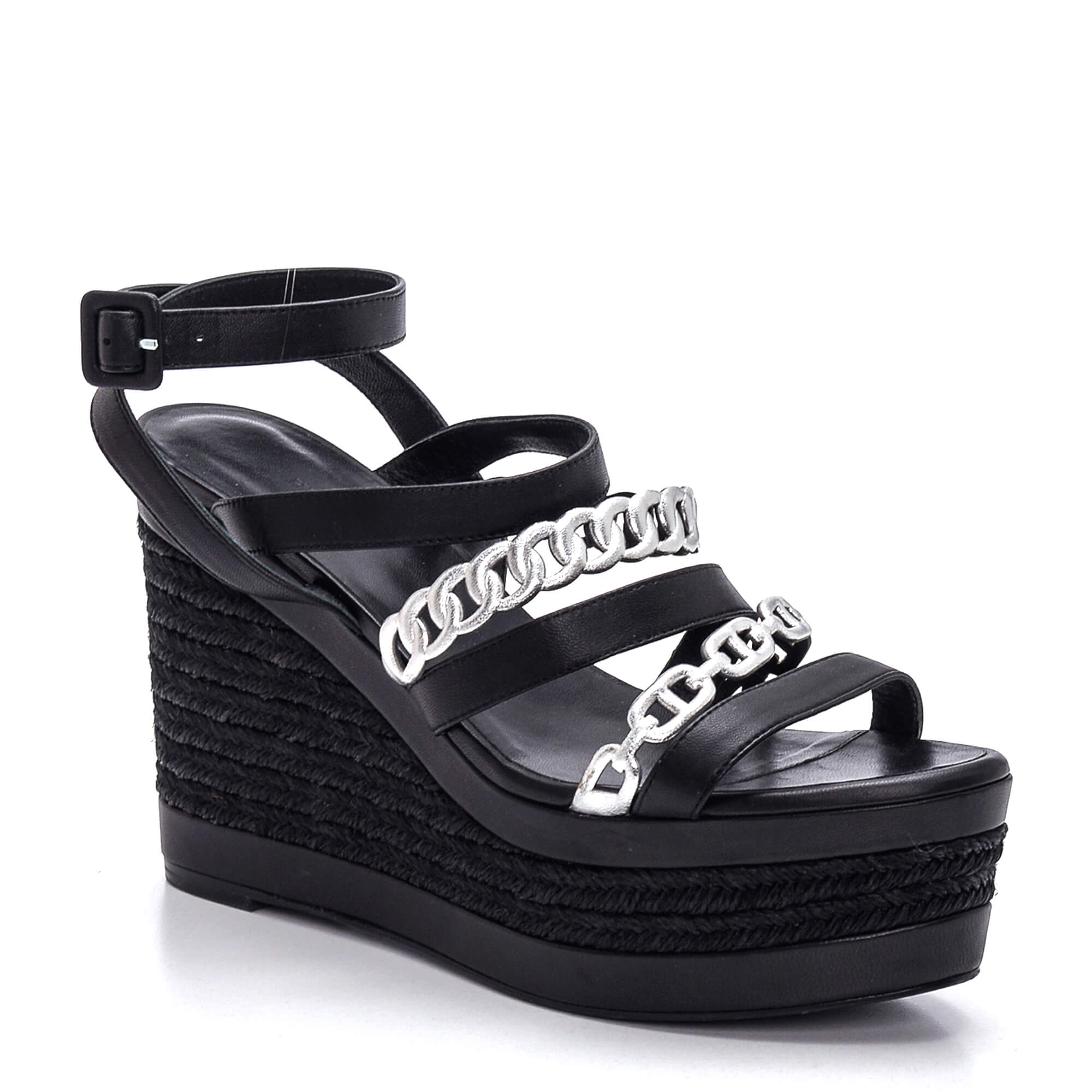 Hermes - Black / Silver Leather Chain Wedge Espadrilles 